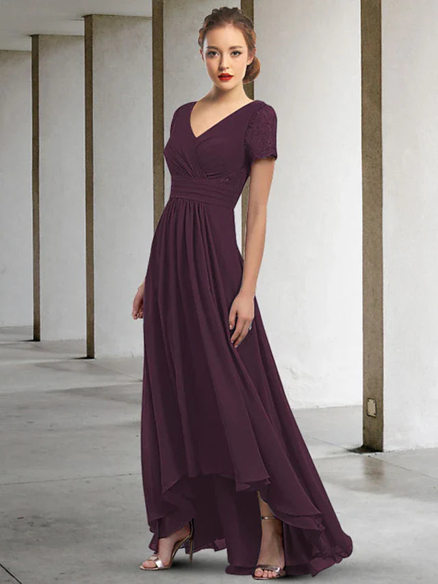 Wholesale A-Line Mother of the Bride Dress Elegant High Low V Neck Asymmetrical Floor Length Chiffon Short Sleeve with Pleats Ruched